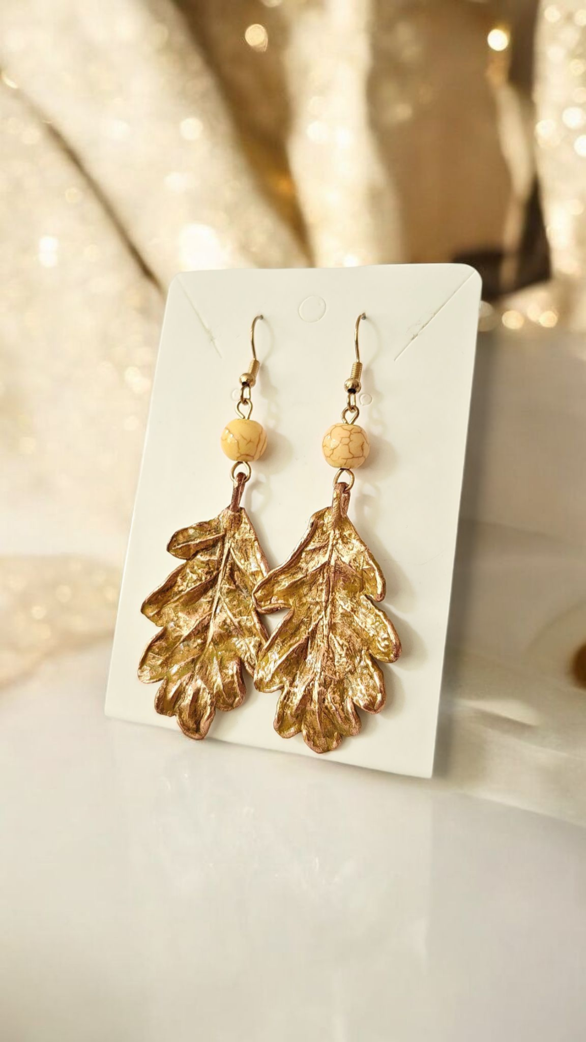 128 Oak Leaf Earrings — Golden Patina & Yellow Howlite