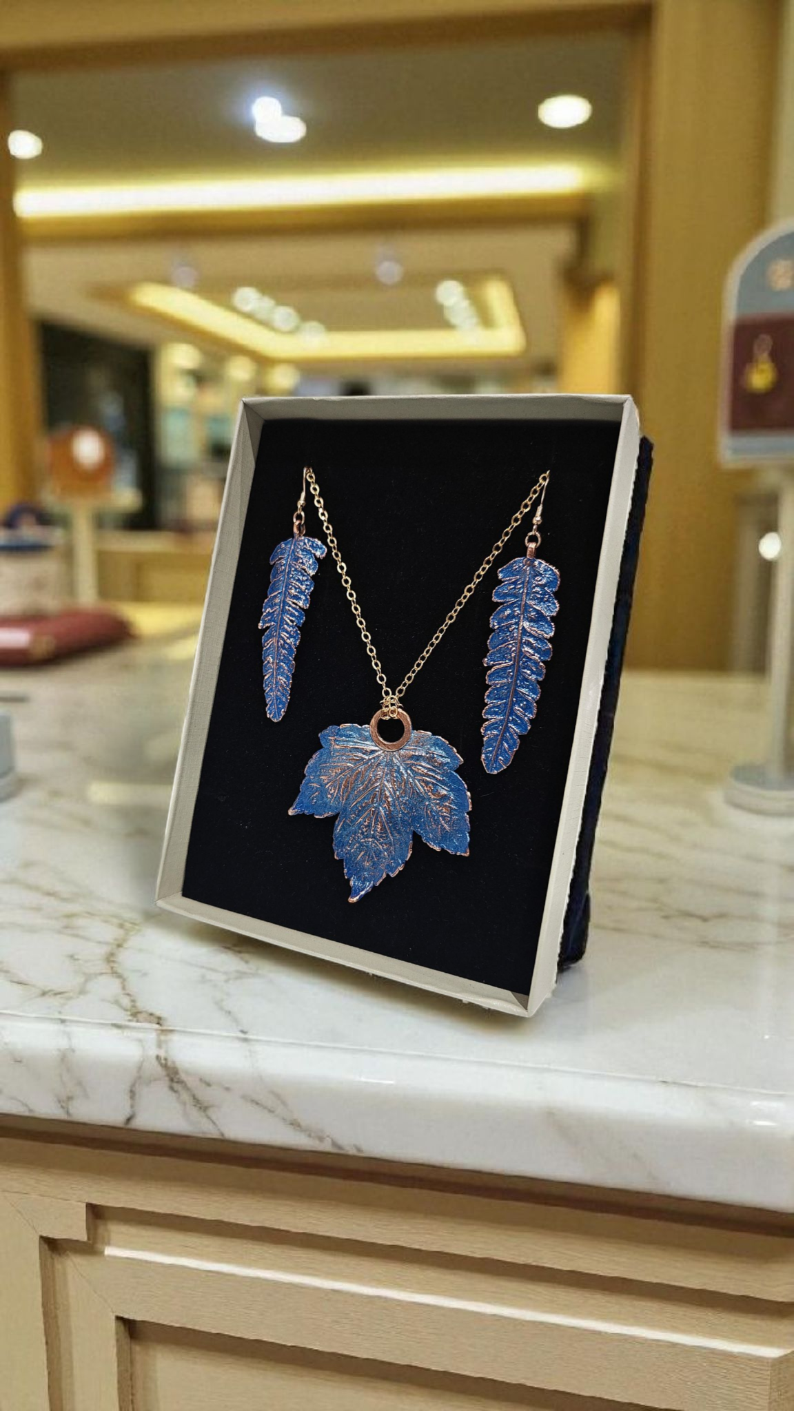SET Azure Grace — copper jewellery set with maple leaf and fern design