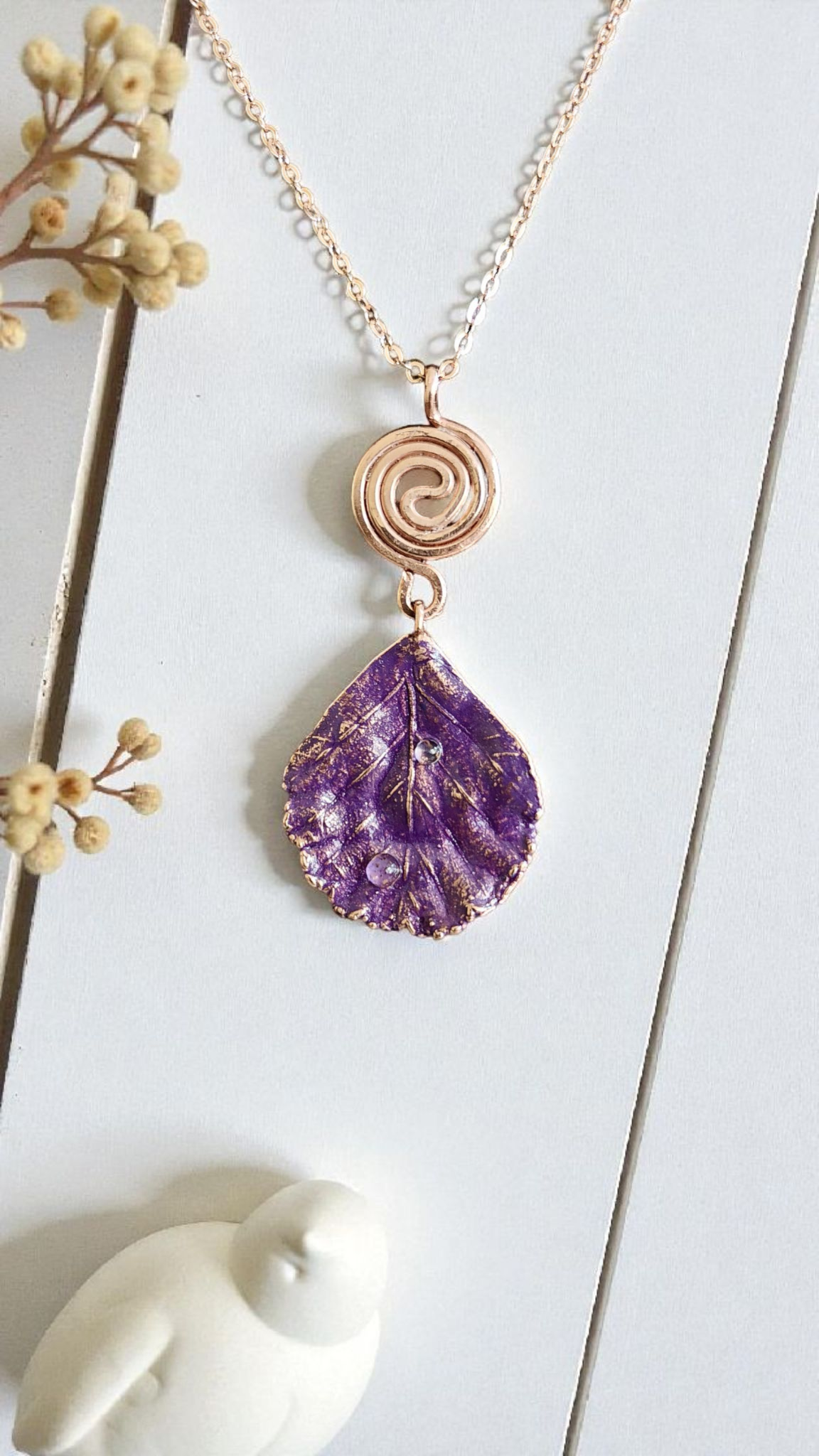 9. Lavender Dew – Copper Leaf Pendant