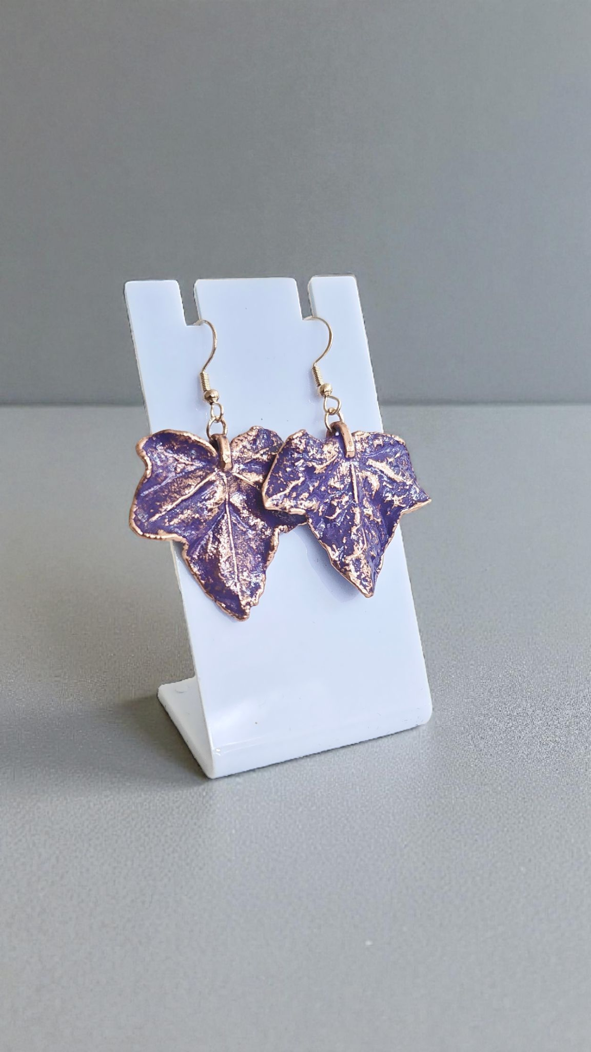 13. Lavender Silk – copper earrings made from real ivy leaves