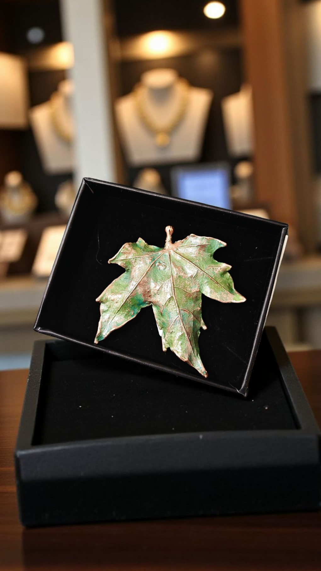 90 Maple Leaf in Green Patina Copper Brooch