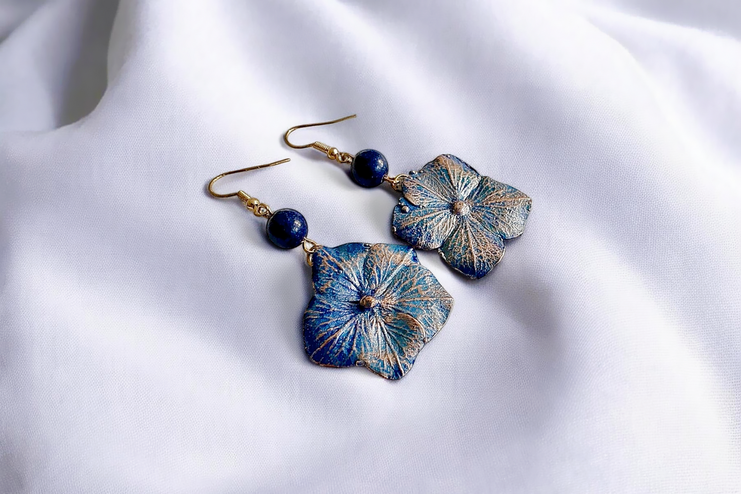 61 Designer Copper Hydrangea Earrings with Blue Howlite