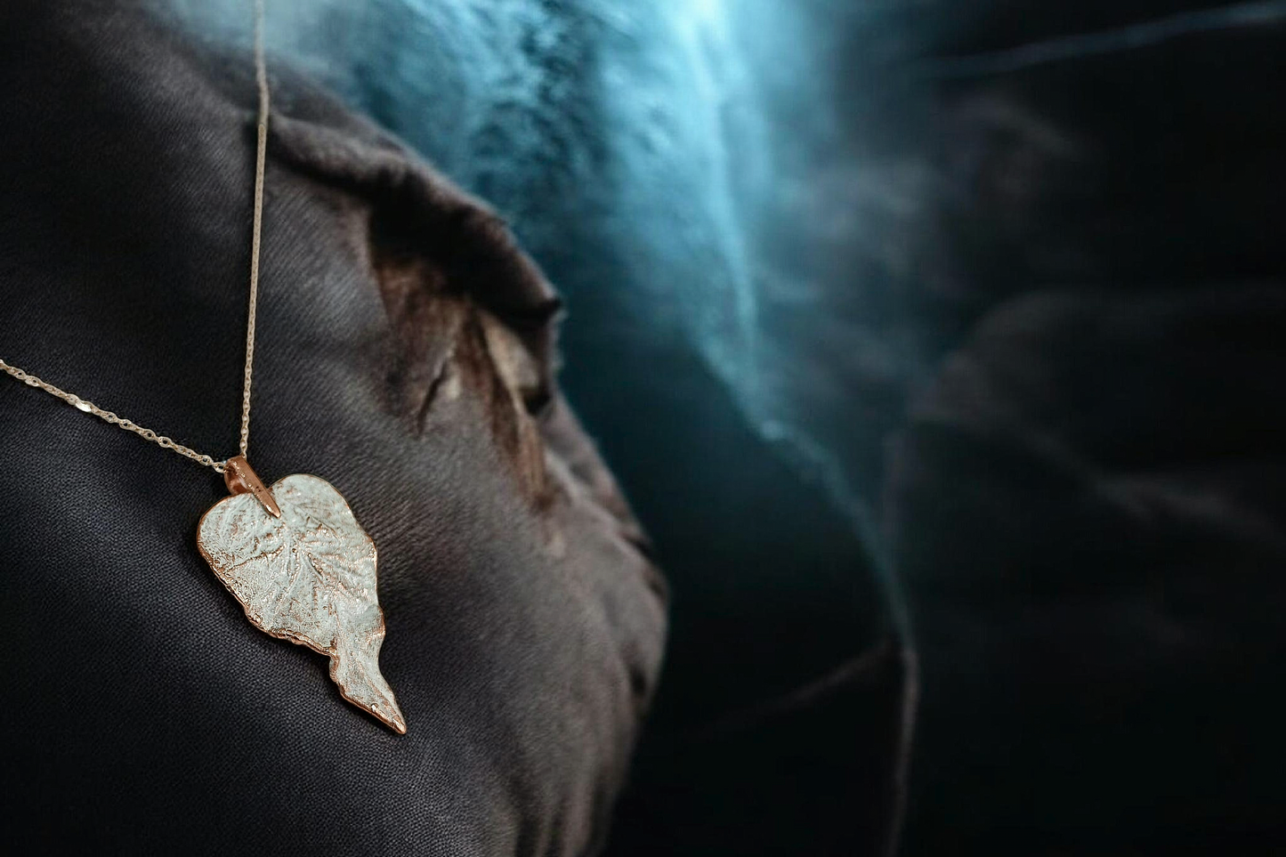 74 Meadow Leaf. White Patina Copper Pendant