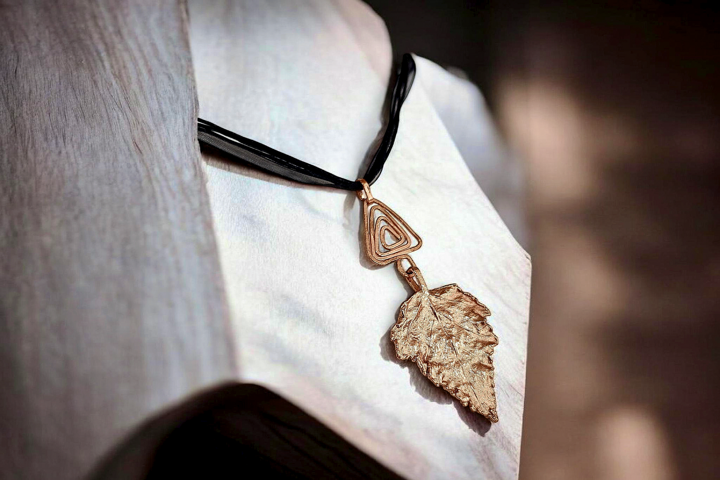 86 Birch Leaf with Geometric Detail Copper Pendant