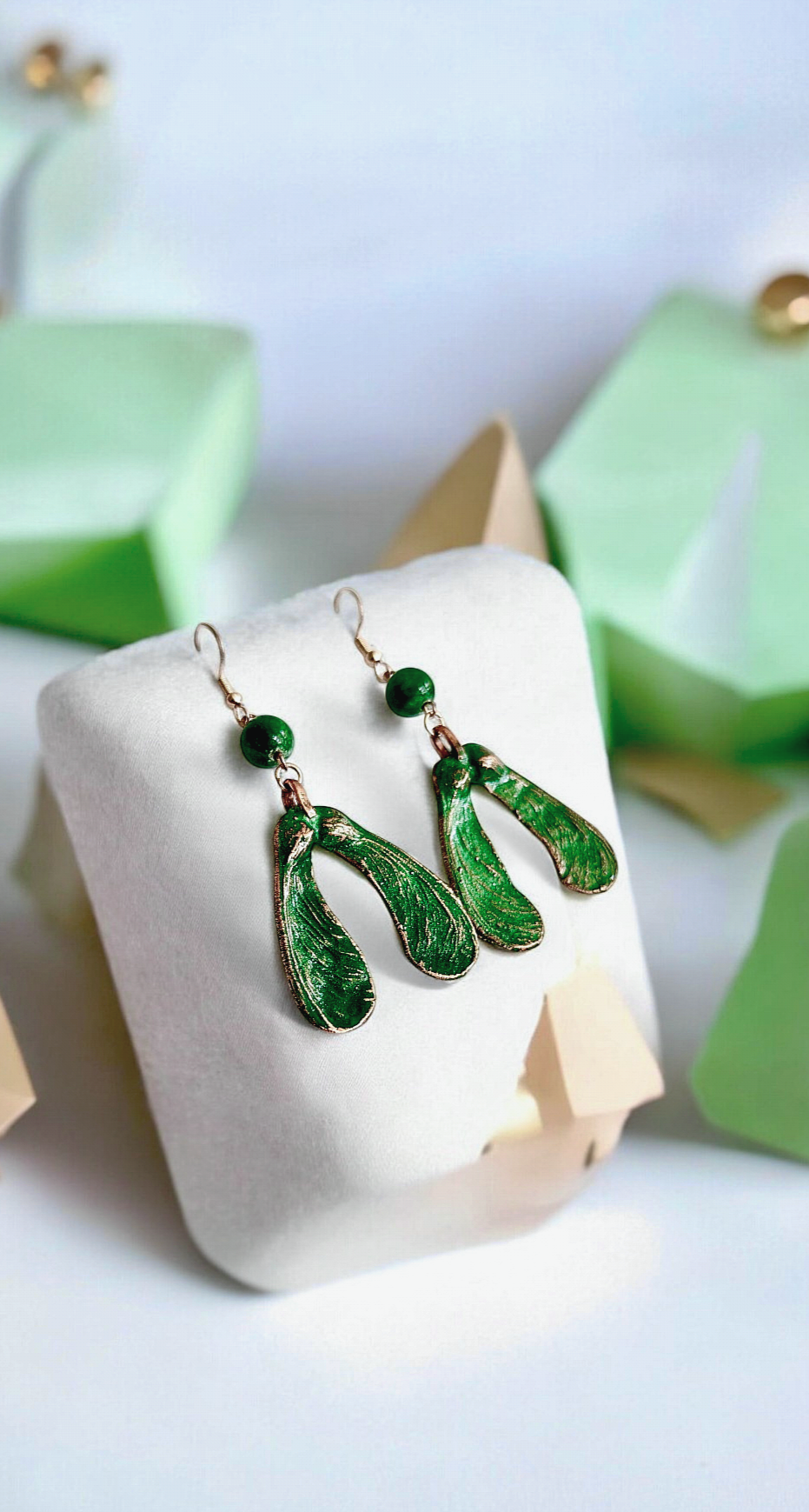 125 Maple Samara Earrings — Green Patina & Green Howlite