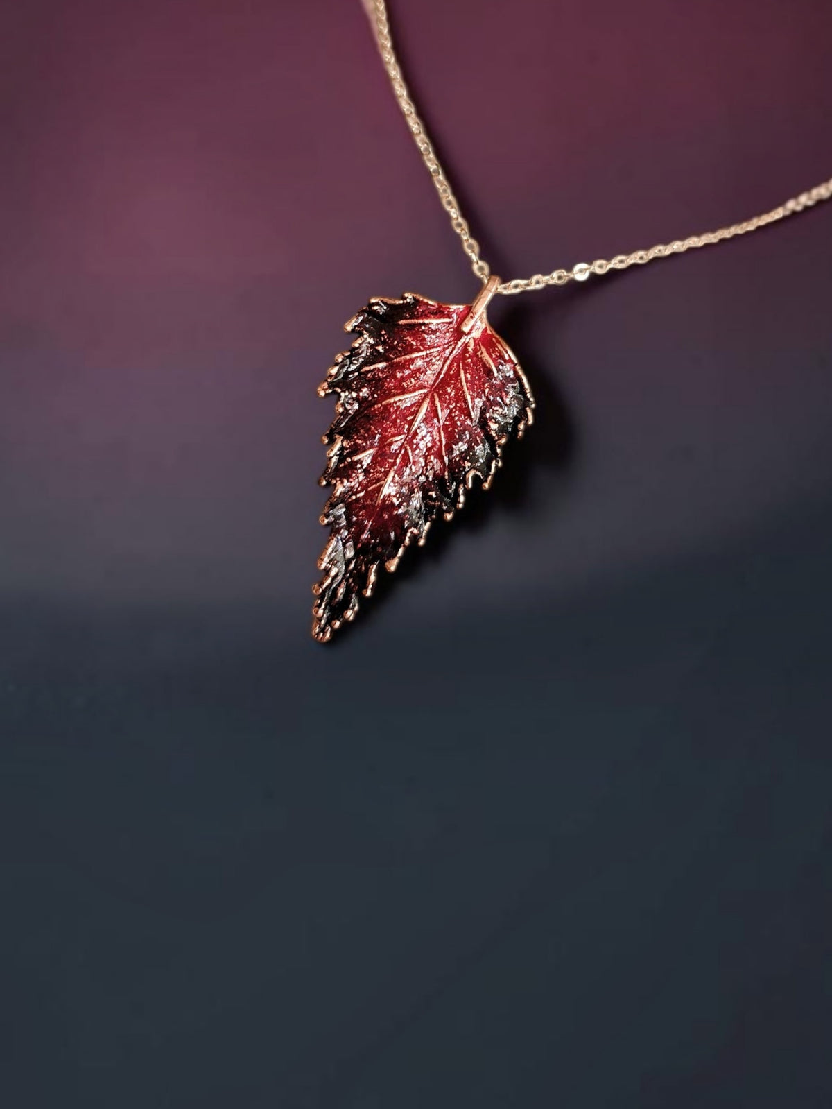 142. Birch Leaf Pendant — Burgundy Patina