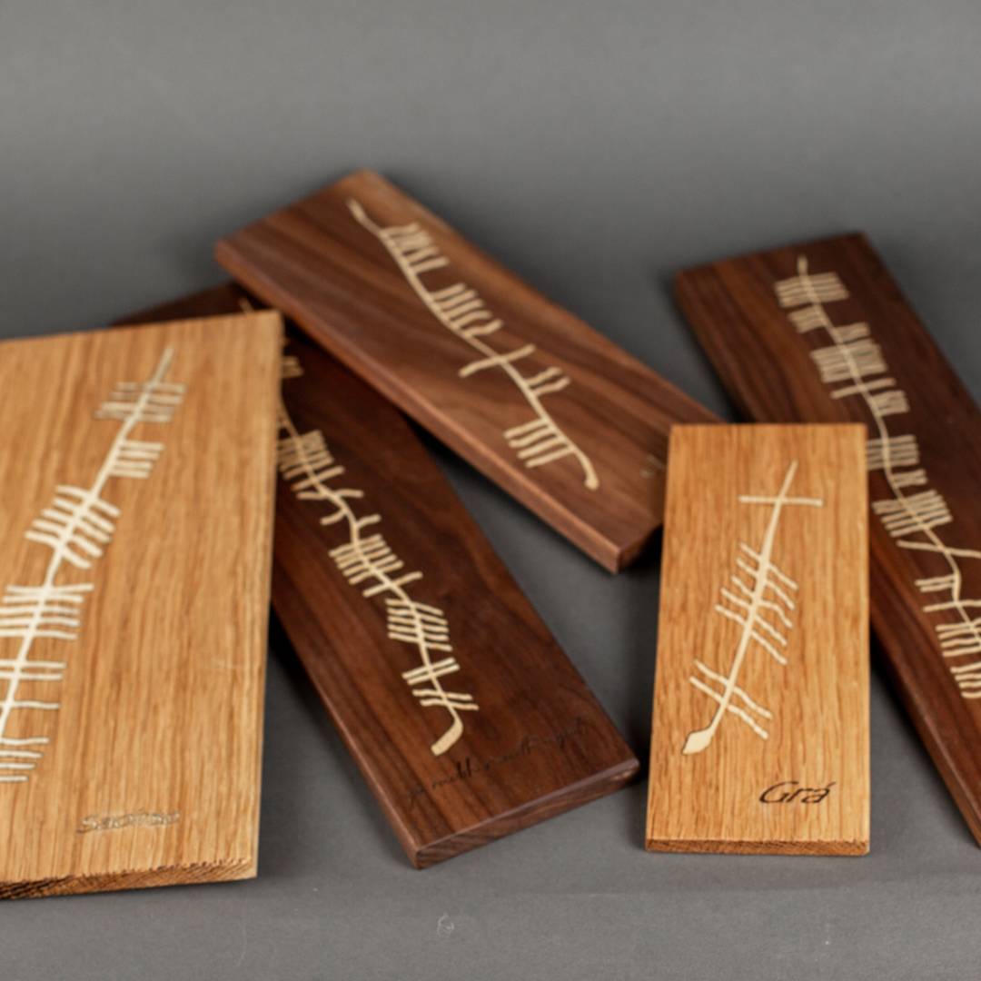 Grá (Love) Ogham Wooden Plaque Sycamore and Walnut Inlay in Oak
