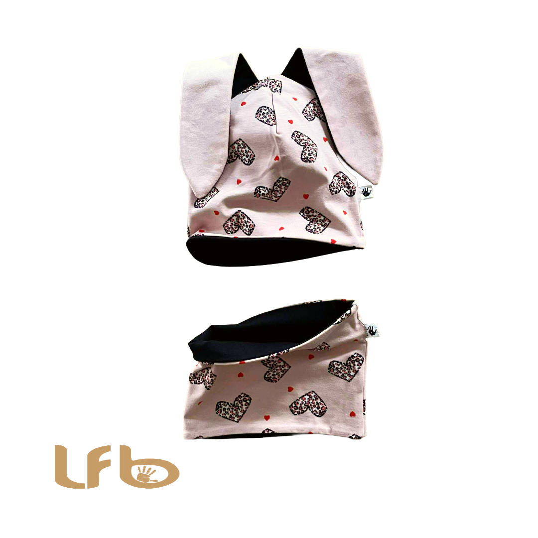 Bunny Ears Slouchy Beanie Hat and Neck Warmer Set - Leopard Heart Print - Toddler & Kids