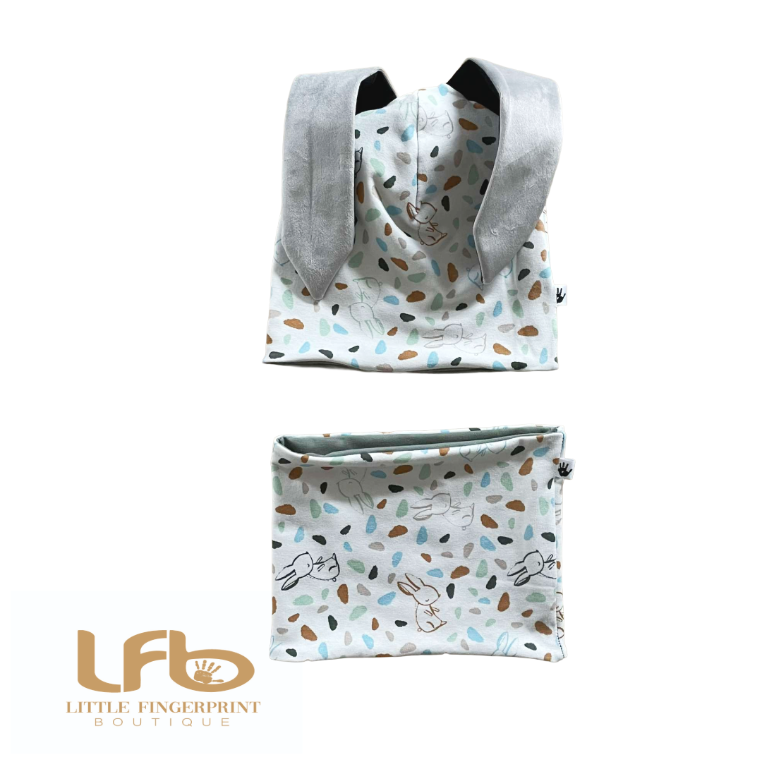 Baby Rabbits print - Bunny Ears Slouchy Beanie Hat and Neck Warmer Set - Toddler & Kids