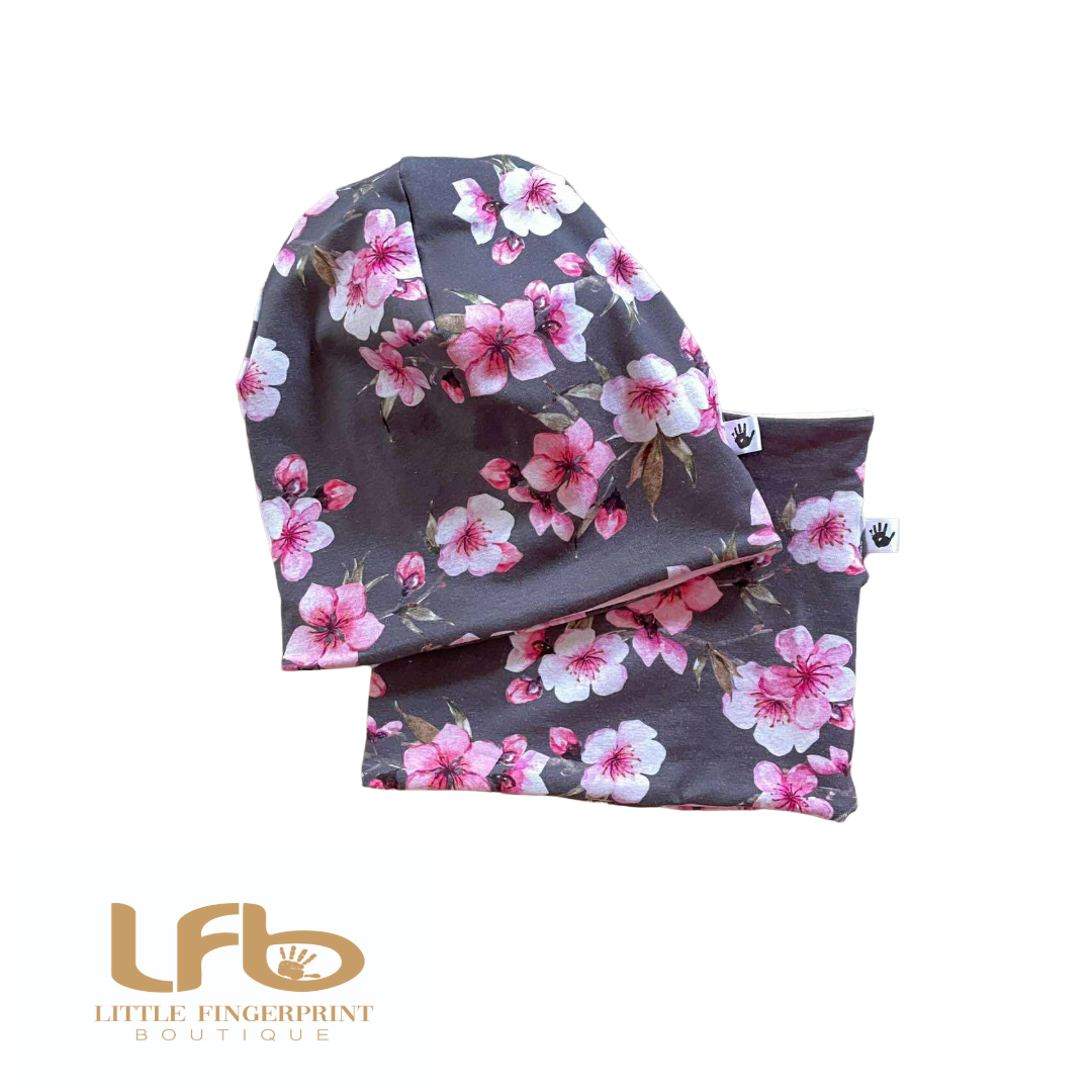 Cherry Blossom Slouchy Beanie and Matching Neck Warmer (2/4years) – Reversible Toddler and Kids Set