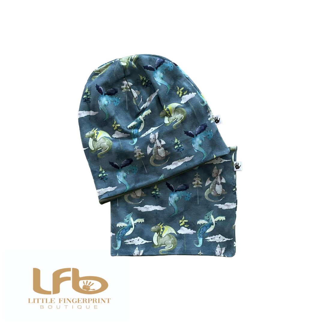 Dragons Slouchy Beanie and Matching Neck Warmer – Reversible Toddler and Kids Set