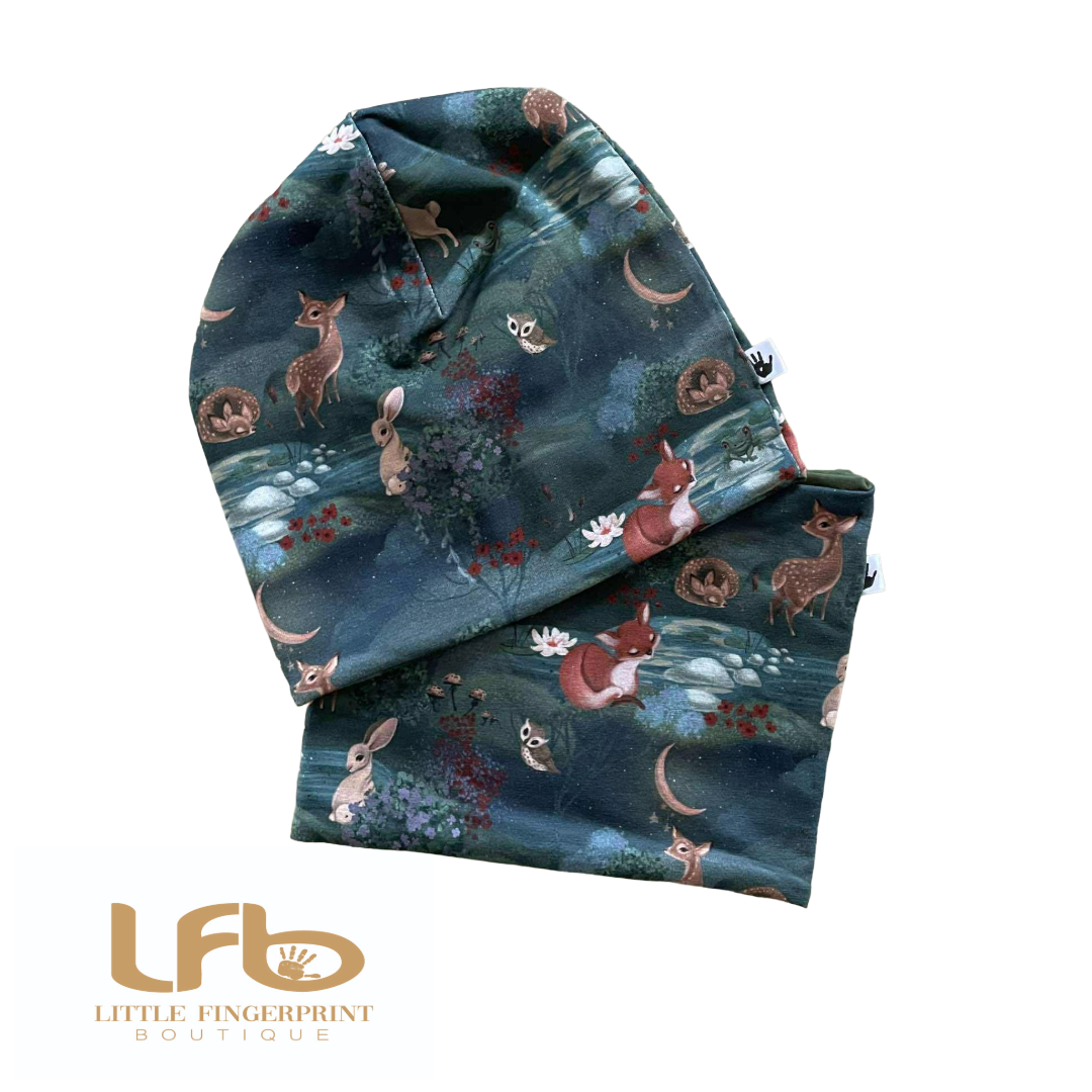 Forest Animal Slouchy Beanie and Matching Neck Warmer – Reversible Toddler and Kids Set