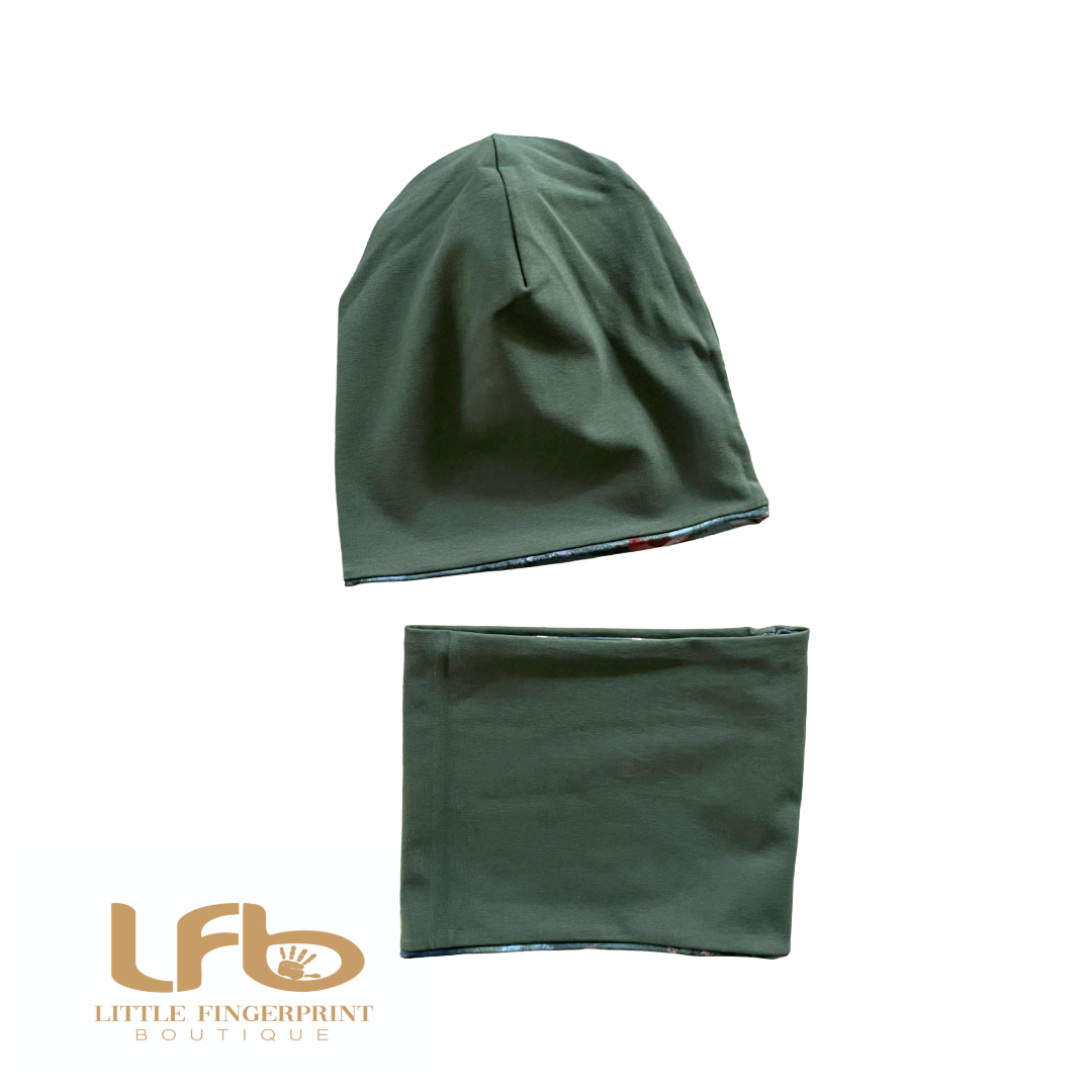 Forest Animal Slouchy Beanie and Matching Neck Warmer – Reversible Toddler and Kids Set