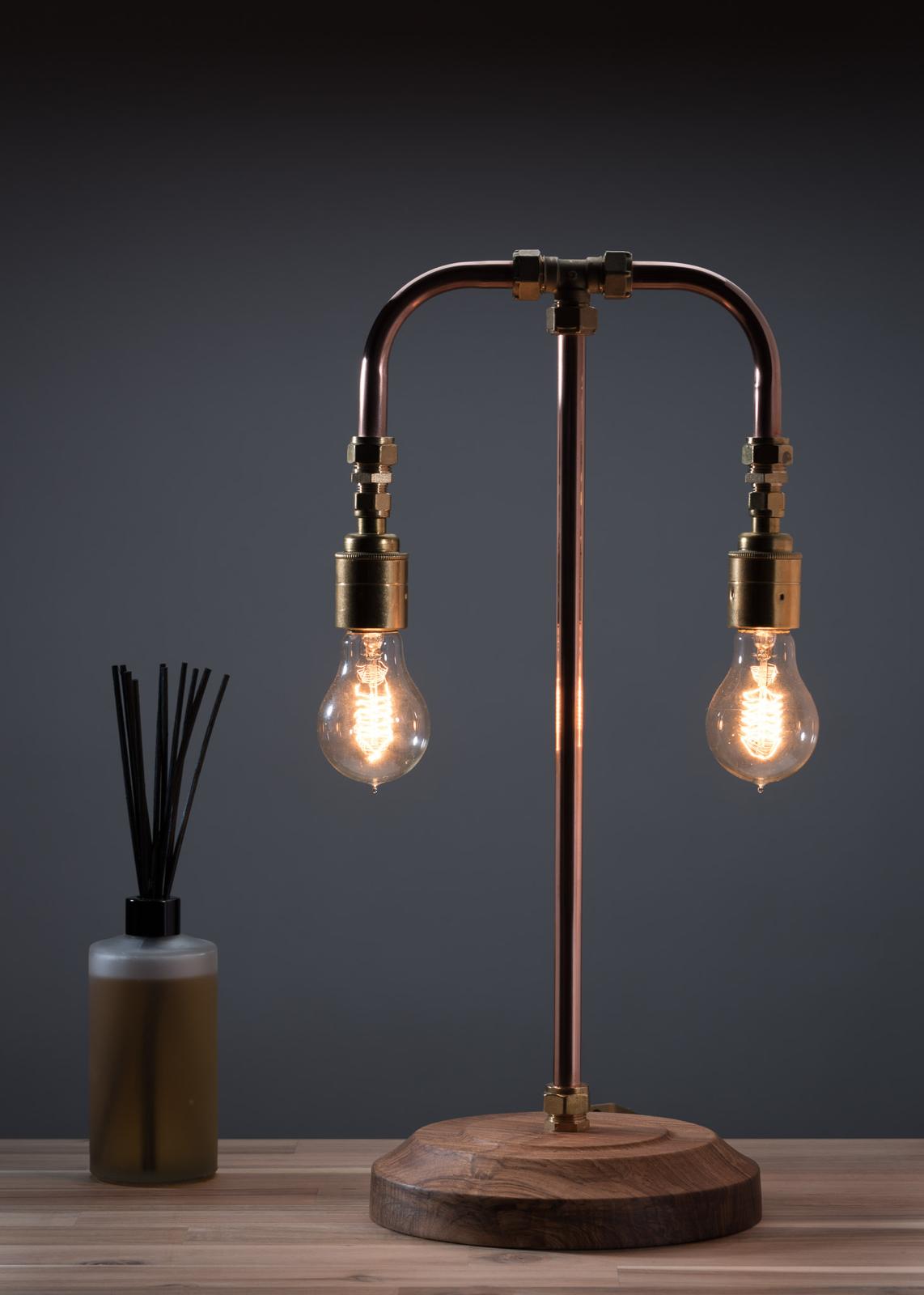 Copper Pipe Desk Lamp (Twin) with hand turned wood base.