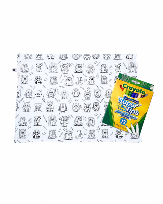 DC Monster Alphabet 'Colour Me' Placemat with 12  Washable | Reversible Colouring Placemat