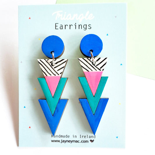 Triangle blue wooden earrings