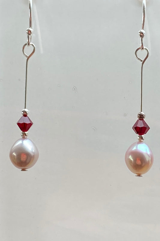 Long drop Pearl and Ruby Swarovski Earrings