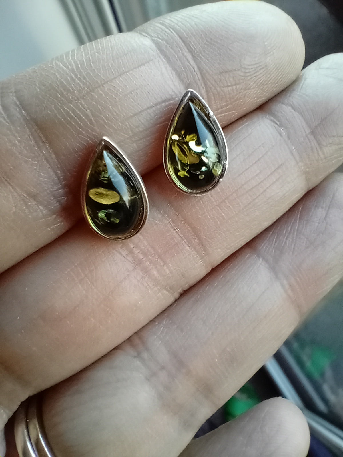 Sterling Silver Green Amber Ear Studs