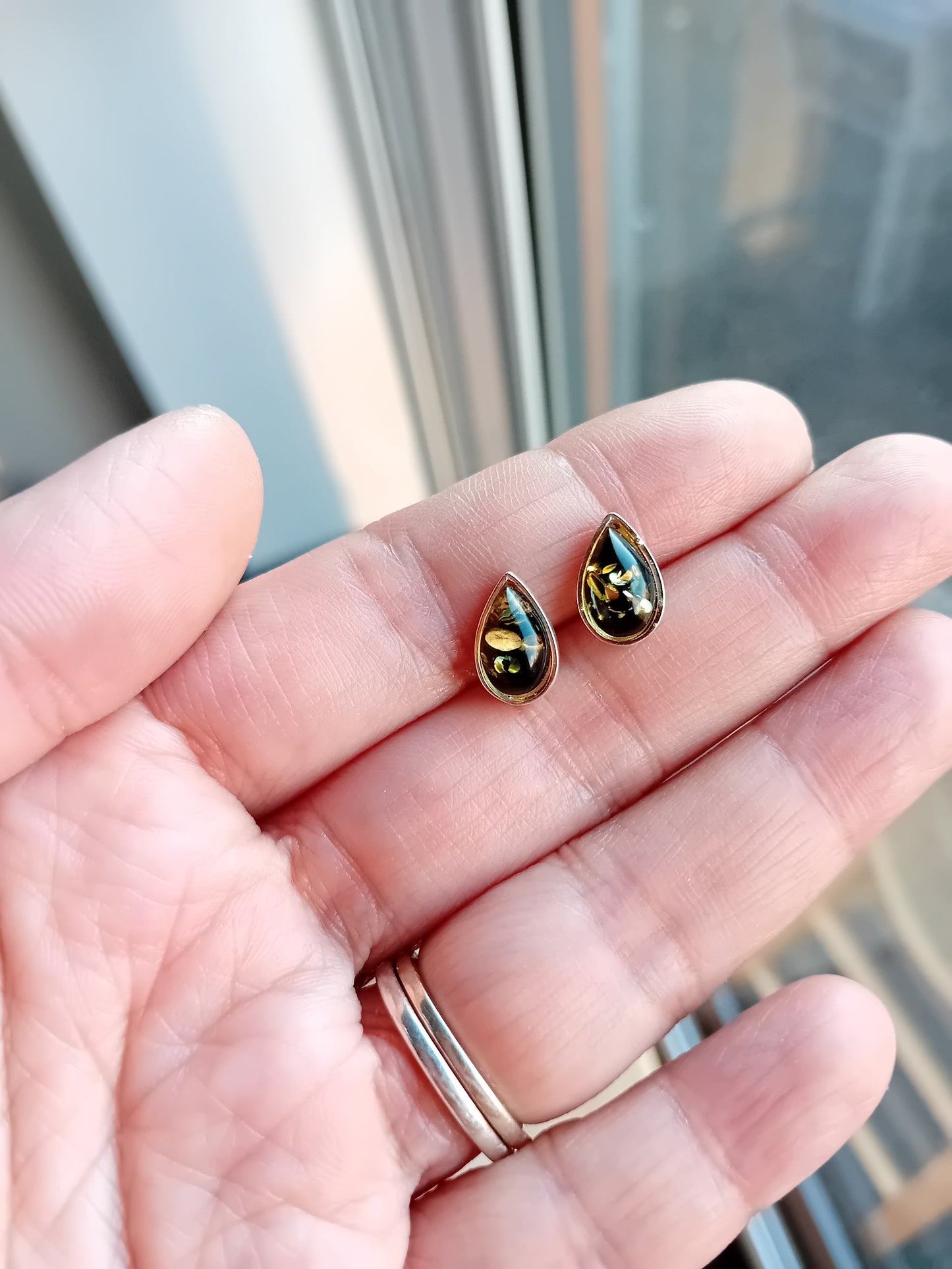 Sterling Silver Green Amber Ear Studs