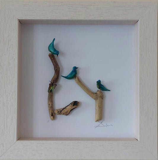 Family of Blue Birds on Driftwood