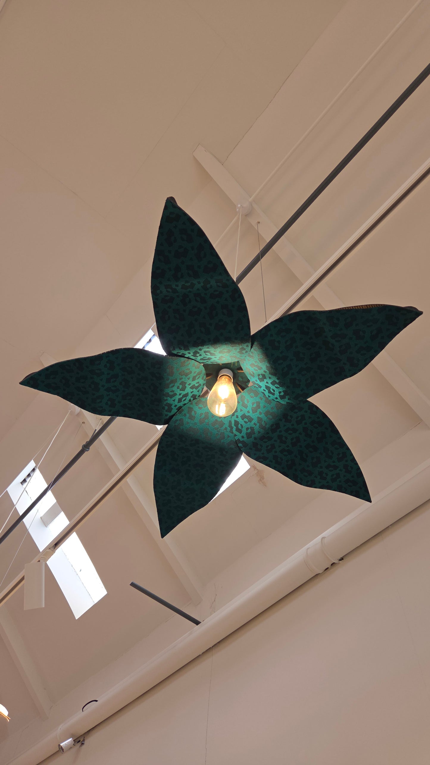 Large Teal Patterned Lampshade in Fabric and Laser Cut Wood Panel Petals