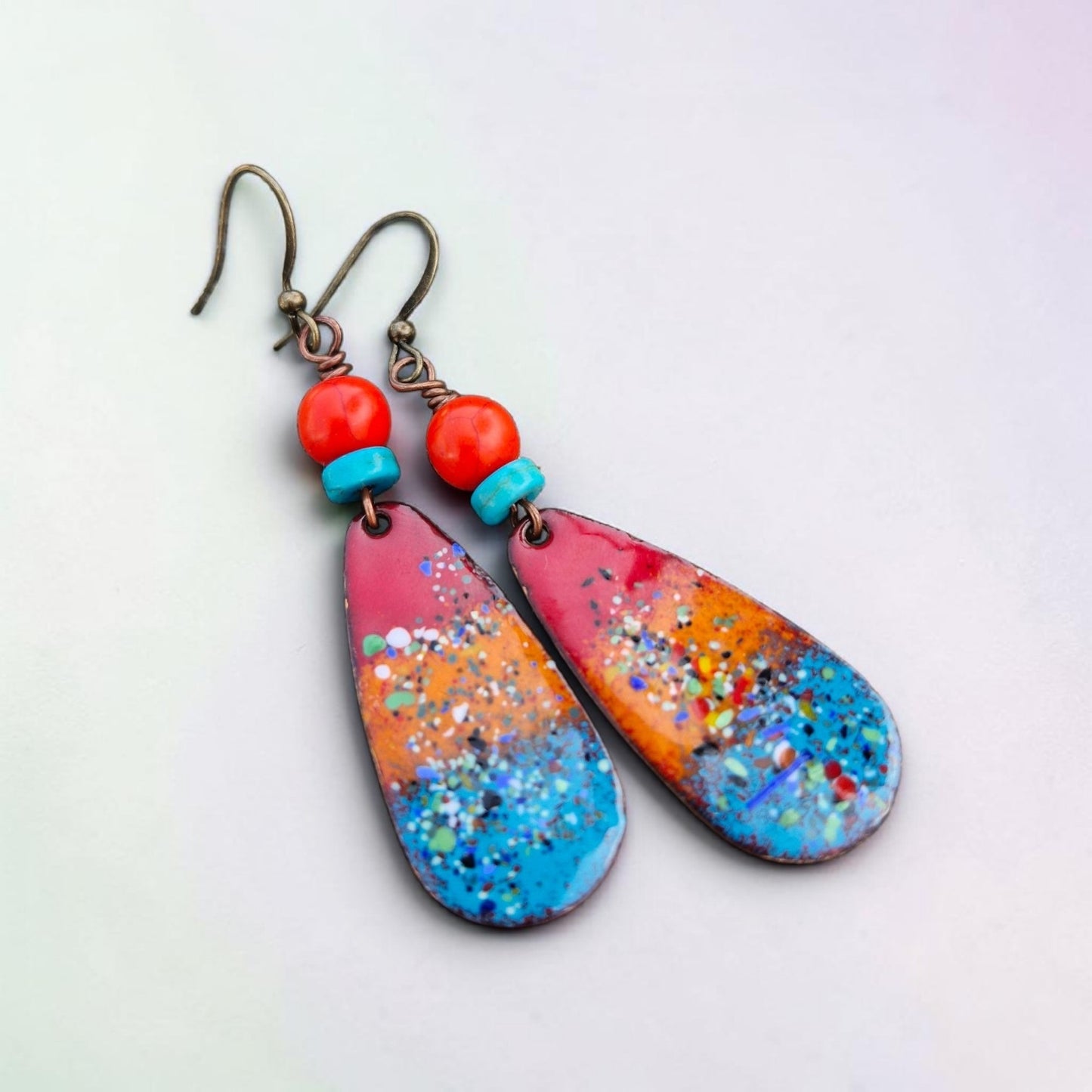 Lumi Élise - Copper Enamel Drop Earrings , Red, Orange , Teal