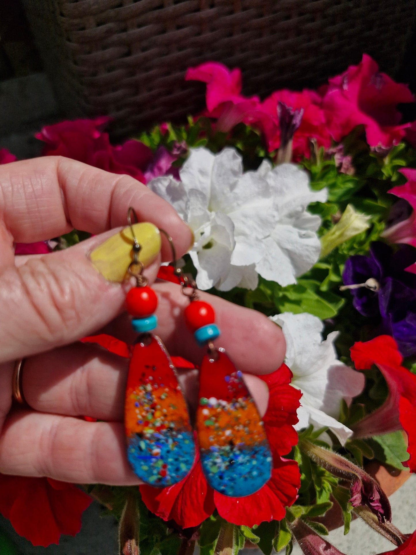 Lumi Élise - Copper Enamel Drop Earrings , Red, Orange , Teal