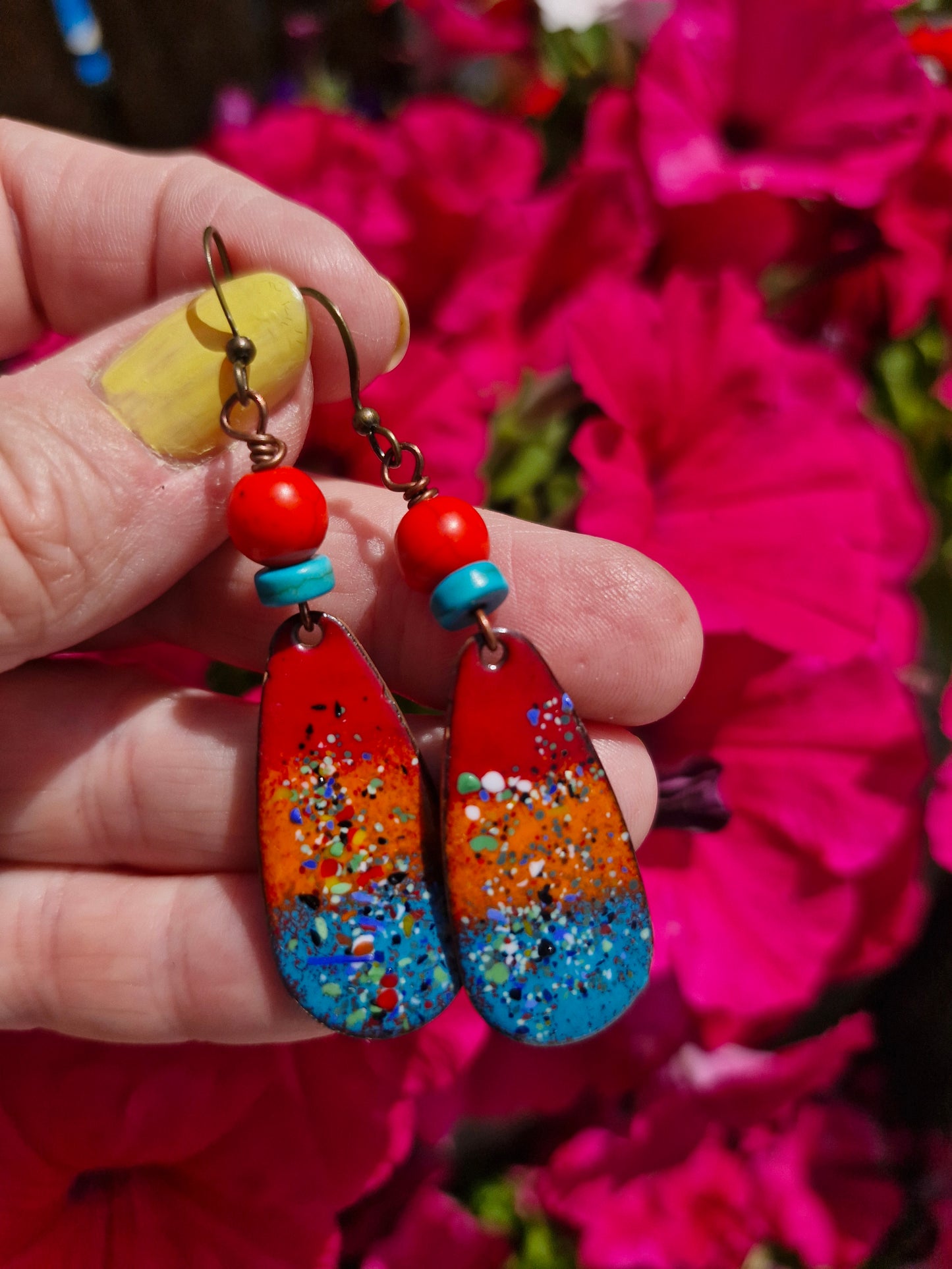 Lumi Élise - Copper Enamel Drop Earrings , Red, Orange , Teal