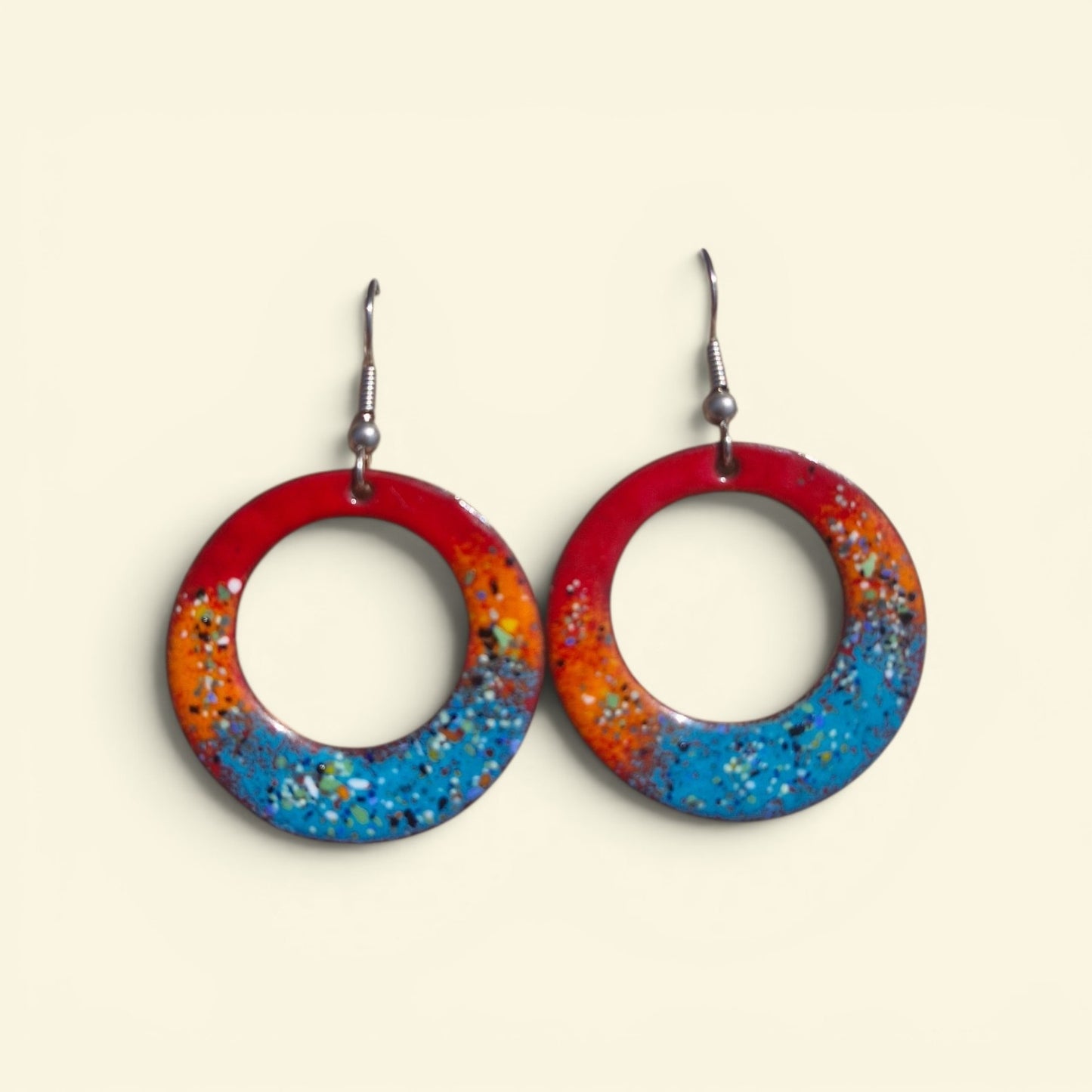 Lumi Élise Hoops - Copper Enamel Drop Earrings | Red, Orange & Teal Blue | Handmade in Ireland