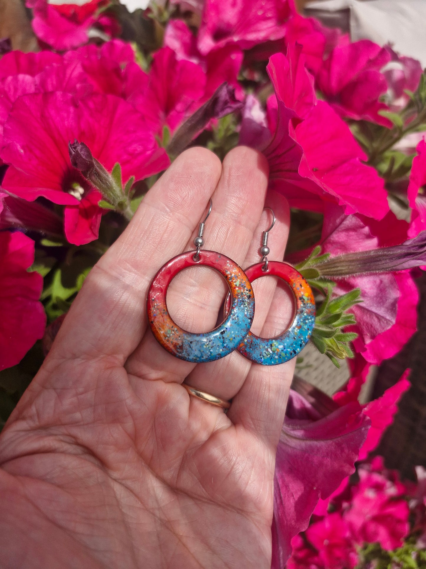 Lumi Élise Hoops - Copper Enamel Drop Earrings | Red, Orange & Teal Blue | Handmade in Ireland