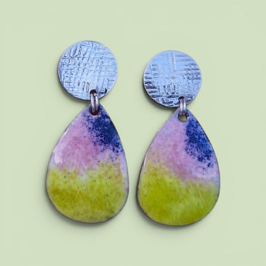 Handmade Irish Jewellery | Hand Crafted Textile Sterling Silver Posts & Enamel Teardrop Earrings