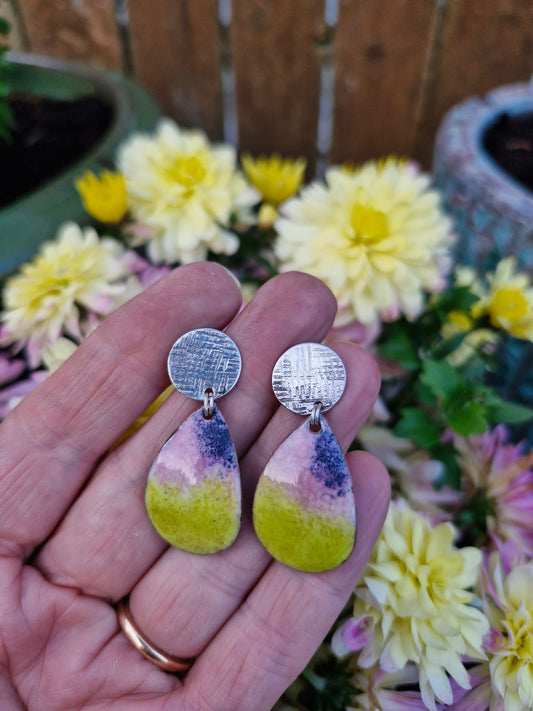 Handmade Irish Jewellery | Hand Crafted Textile Sterling Silver Posts & Enamel Teardrop Earrings