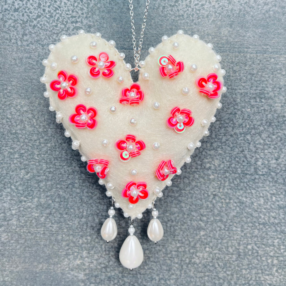 Cream Love Heart with Pink Flowers