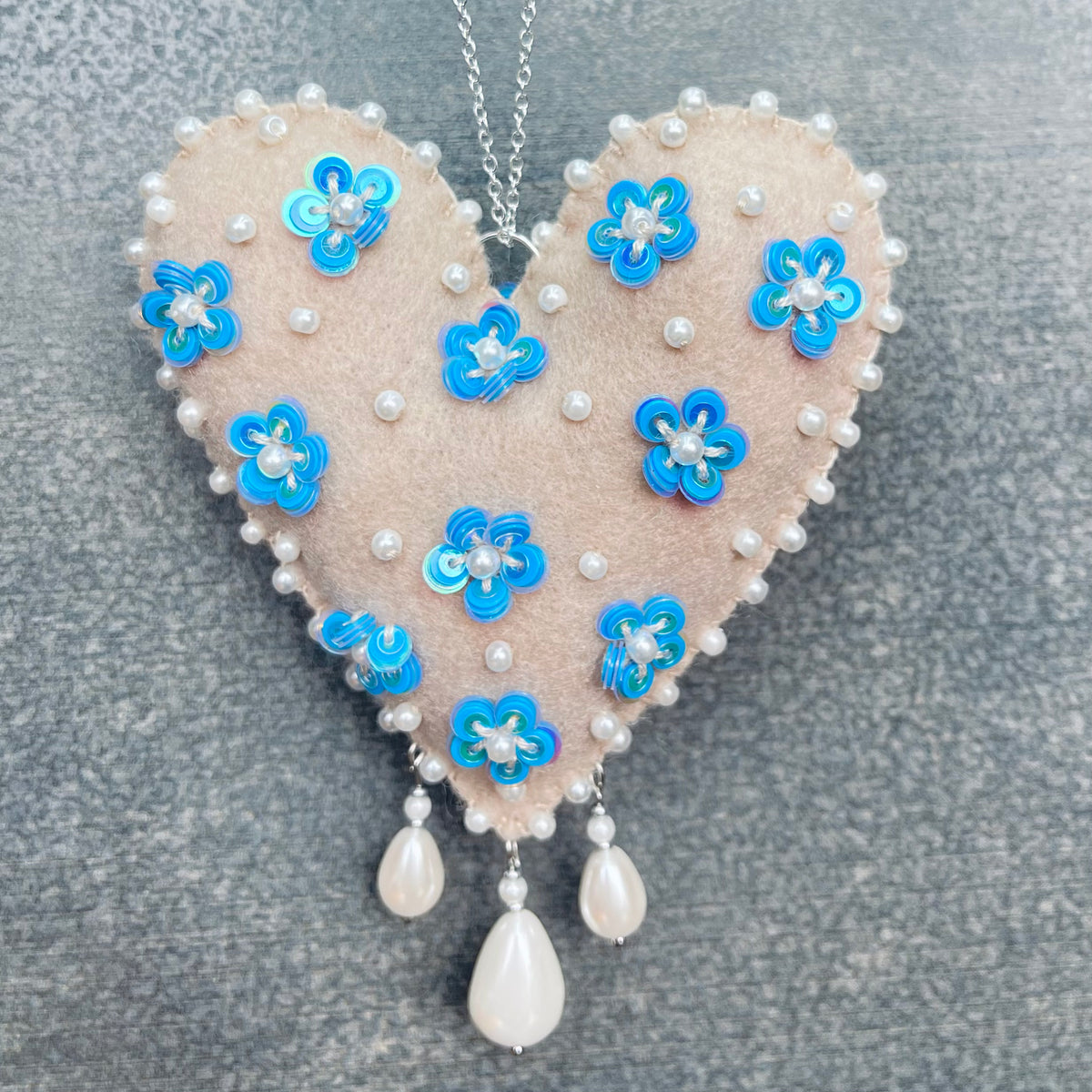 Ivory Cream Love Heart with Blue Flowers