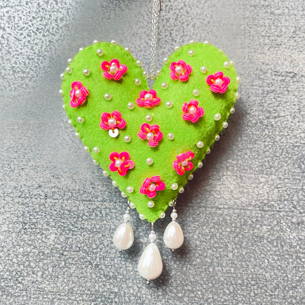Bright Green Love Heart with Pink Flowers