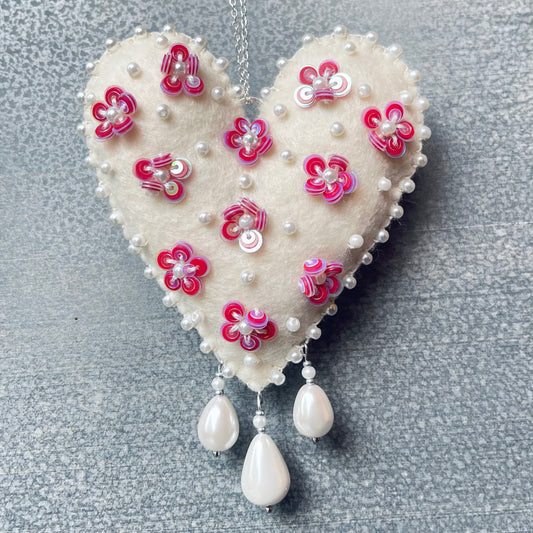 Cream Love Heart with Red Flowers