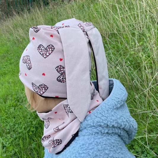 Bunny Ears Slouchy Beanie Hat and Neck Warmer Set - Leopard Heart Print - Toddler & Kids