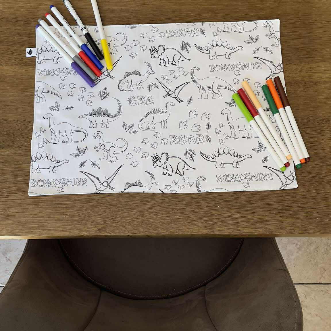 DC Dinosaurs 'Colour Me' Placemat with 12  Washable | Reversible Colouring Placemat