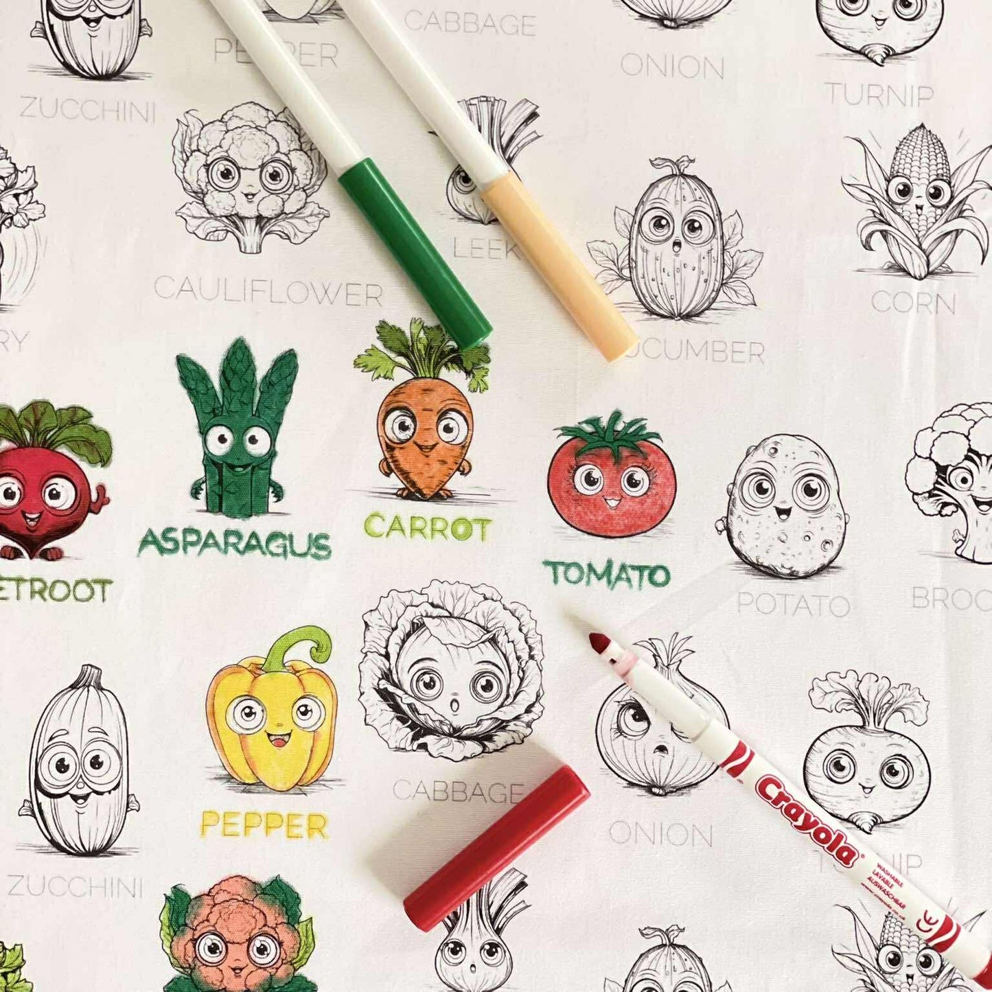 DC Vegetable 'Colour Me' Placemat with 12  Washable | Reversible Colouring Placemat