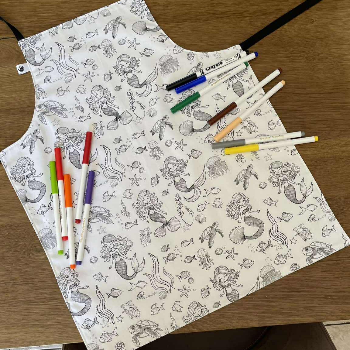 Mermaid ‘Colour Me’ Apron with 12 Washable Markers – Reversible, Creative, and Durable Apron for Kids Aged 3-8 | Gift Idea