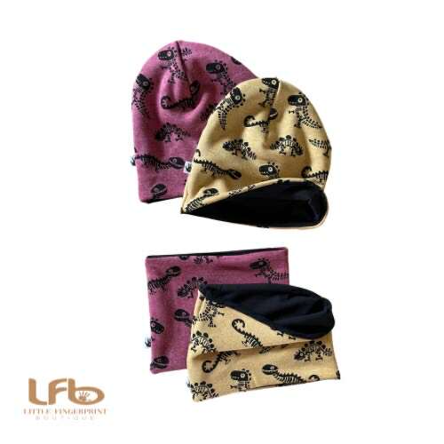 Dinosaur skeleton Slouchy Beanie Hat and Neck Warmer – Reversible | Toddler & Kids