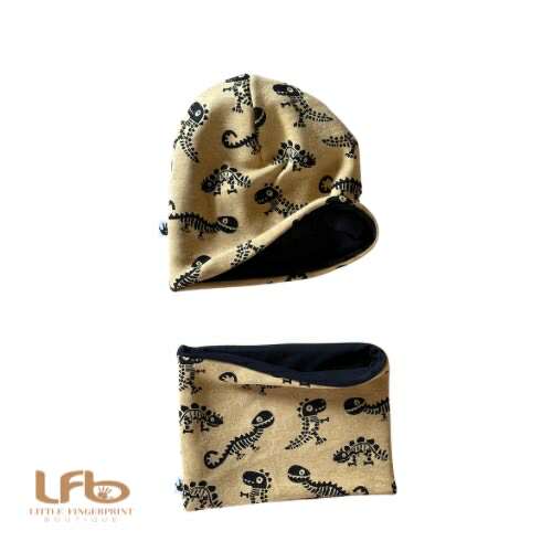 Dinosaur skeleton Slouchy Beanie Hat and Neck Warmer – Reversible | Toddler & Kids