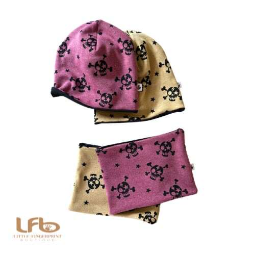 Skull Print Slouchy Beanie Hat and Neck Warmer – Reversible | Toddler & Kids