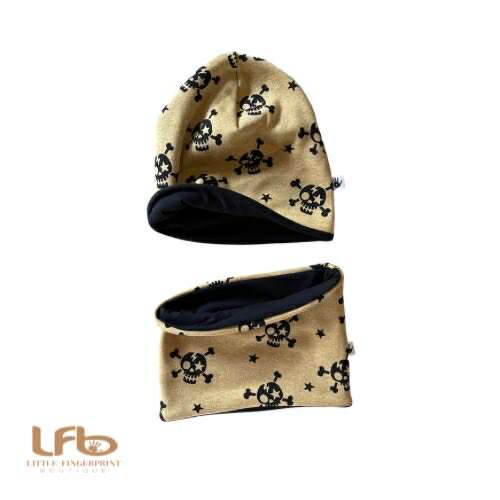 Skull Print Slouchy Beanie Hat and Neck Warmer – Reversible | Toddler & Kids