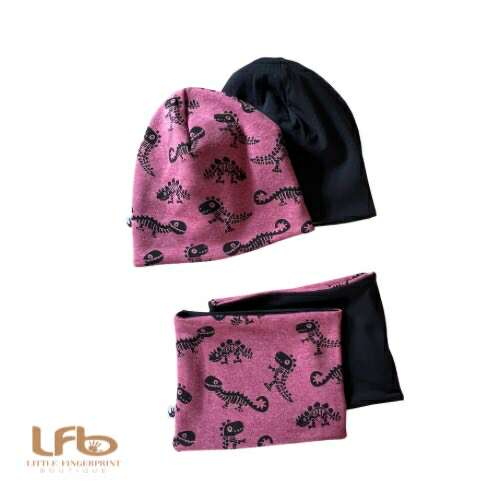 Dinosaur skeleton Slouchy Beanie Hat and Neck Warmer – Reversible | Toddler & Kids