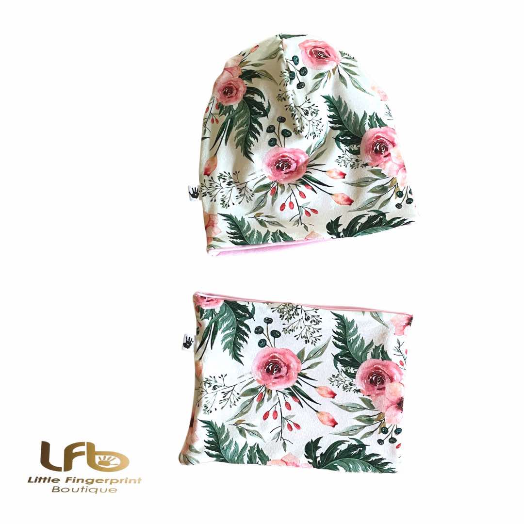 Pink Flower Garden Slouchy Beanie and Matching Neck Warmer ( 1/2 Y)– Reversible Toddler and Kids Set