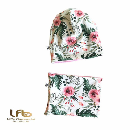 Pink Flower Garden Slouchy Beanie and Matching Neck Warmer ( 1/2 Y)– Reversible Toddler and Kids Set
