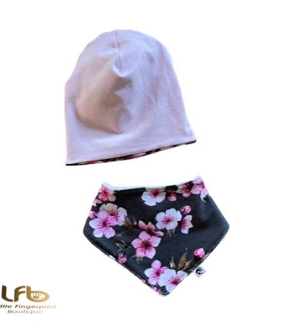 Reversible Navy Cherry Blossom Slouchy Beanie hat  Matching Bandana Bib – Toddler and Baby Gift Set
