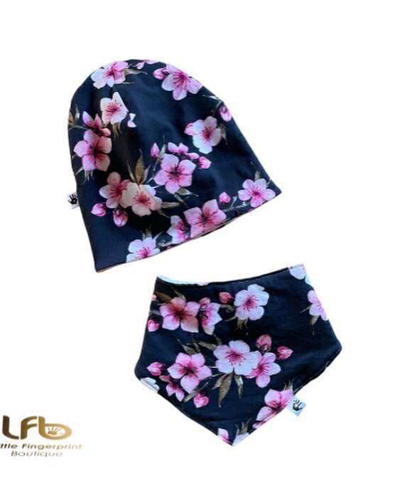 Reversible Navy Cherry Blossom Slouchy Beanie hat  Matching Bandana Bib – Toddler and Baby Gift Set