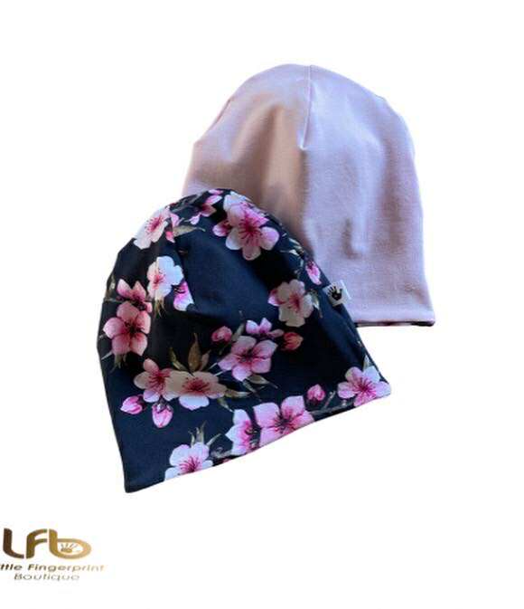 Reversible Navy Cherry Blossom Slouchy Beanie hat  Matching Bandana Bib – Toddler and Baby Gift Set